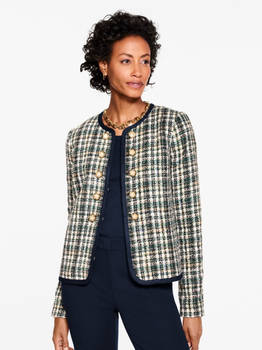 NWT Talbots Contrast Trim Tweed Jacket Gold Button Bouclé Plaid Blazer Size 14